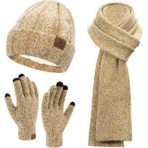Women's Khaki Warm Knit Beanie Hat Touchscreen Gloves Long Neck Scarf Set